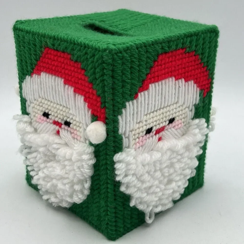 Vtg Christmas Santa Tissue Box Cover Fluffy Beard Kitsch Needlepoint Cottagecore